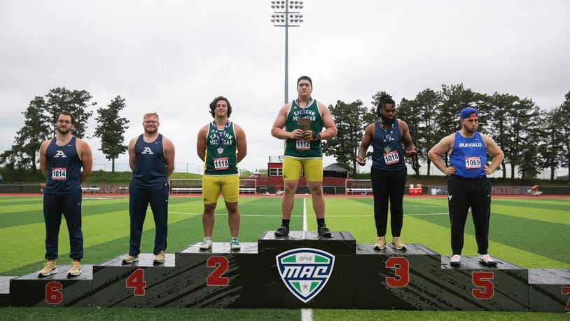 Springboro graduate Ryan Johnson stands atop the podium in May 2024 after winning the hammer throw at the Mid-American Conference championships for Eastern Michigan University. Photo courtesy of EMU