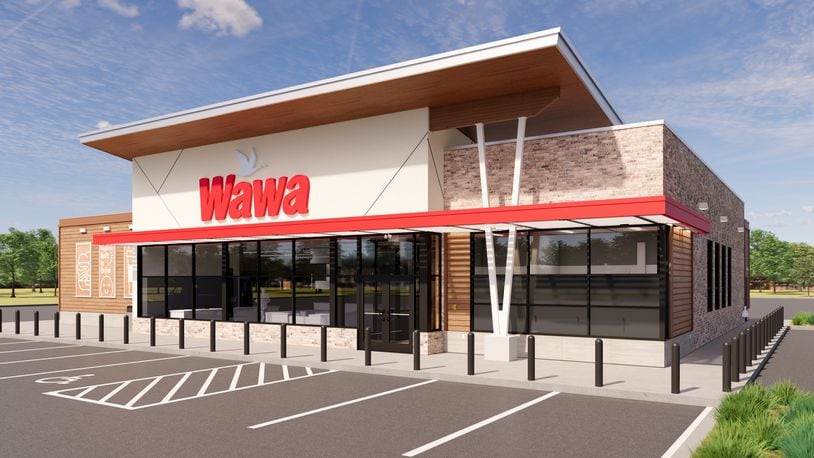 Miami Twp. trustees recently approved a development plan for a 5,919-square-foot Wawa convenience store/food along Springboro Pike, at the northeast corner of Miami Village Drive. The store, which will feature six gas pumps and 37 parking spaces, is slated to break ground this year and open in fall 2025. CONTRIBUTED ILLUSTRATION/WAWA