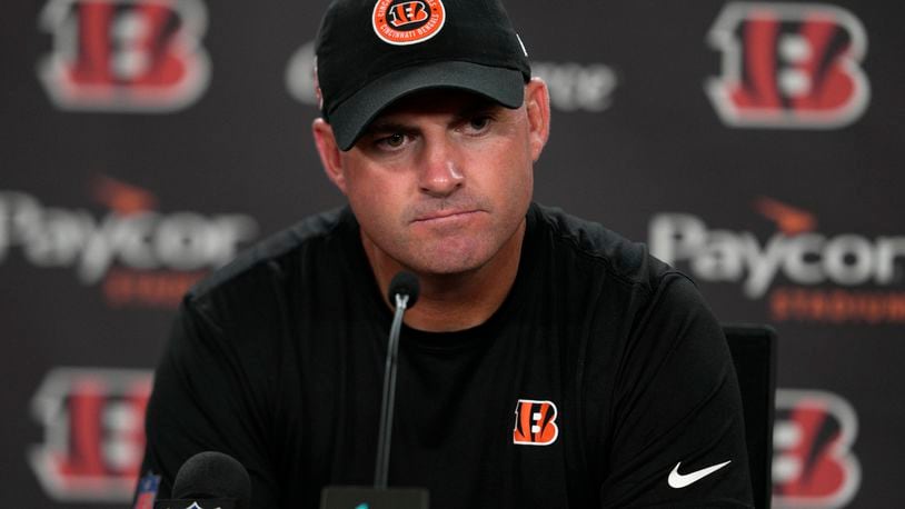 Cincinnati Bengals head coach Zac Taylor speaks during a news conference after an NFL football game against the New England Patriots, Sunday, Sept. 8, 2024, in Cincinnati. The Patriots won 16-10. (AP Photo/Jeff Dean)