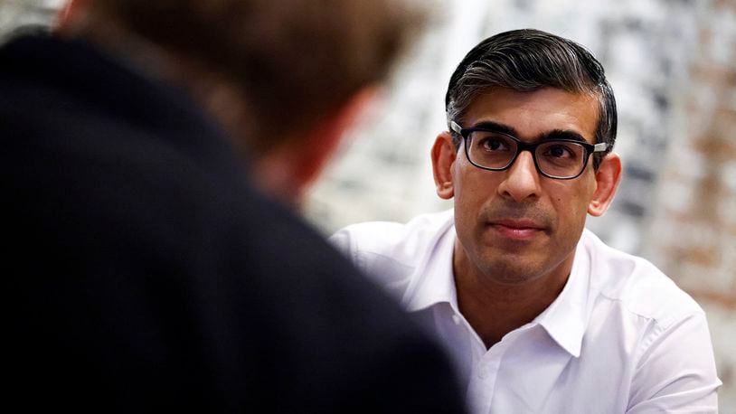 Britain's Prime Minister and Conservative Party leader Rishi Sunak meets with nighttime economy representatives in central London, Saturday June 22, 2024 as part of a campaign event in the build-up to the July 4 general election. (Benjamin Cremel/Pool Photo via AP)