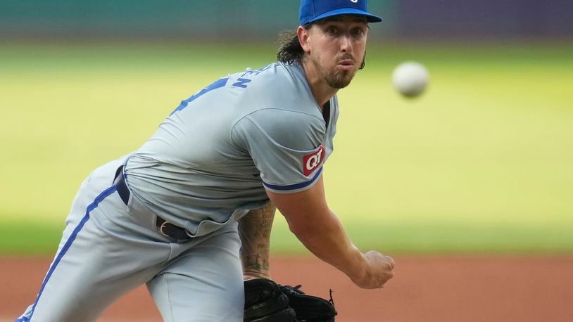 Kansas City Royals' Michael Lorenzen pitches in the first inning of a baseball game against the Cleveland Guardians Tuesday, Aug. 27, 2024, in Cleveland. (AP Photo/Sue Ogrocki)