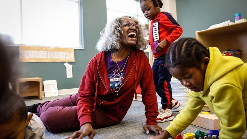 Wanda Hodge, a preschool teacher at Miami Valley Child Development Center's Goodwill West Campus in Trotwood, works with students on Thursday, Sept. 23, 2023. Miami Valley CDC recently obtained a $9 million grant from the office of Head Start and plans to build a new campus in East Dayton. Jim Noelker/Staff