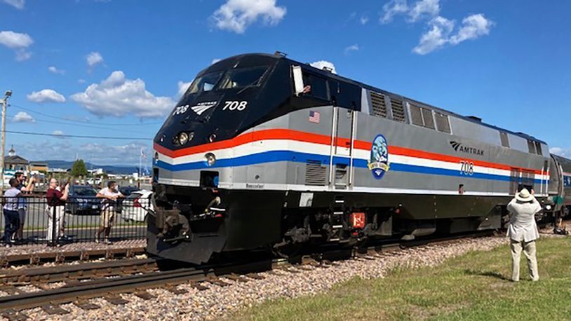 An Amtrak train leaves Burlington, Vt.,  for New York City on Friday, July 29, 2022. (AP Photo/Lisa Rathke)