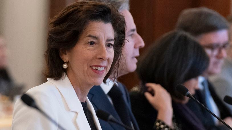 FILE - Secretary of Commerce Gina Raimondo, left, and Secretary of State Antony Blinken, attend the U.S.-EU Trade and Technology Council Ministerial Meeting at the State Department, Jan. 30, 2024, in Washington. (AP Photo/Manuel Balce Ceneta, File)