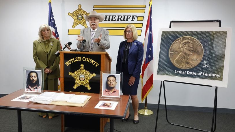 Butler County Sheriff Richard K. Jones talks about the three kilos of fentanyl that were seized Saturday during a routine traffic stop on Ohio 4. He was joined at Monday's press conference by  State. Rep. Sara Carruthers and State Rep. Cindy Abrams. NICK GRAHAM/STAFF