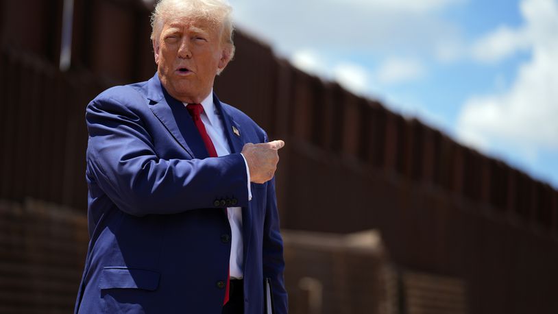 FILE - Republican presidential nominee former President Donald Trump speaks along the southern border with Mexico, on Aug. 22, 2024, in Sierra Vista, Ariz. (AP Photo/Evan Vucci, File)