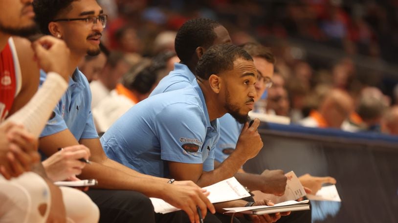 The Red Scare's Camron Greer coaches during a game against DaGuys STL in the first round of The Basketball Tournament on Saturday, July 20, 2024, at UD Arena. David Jablonski/Staff