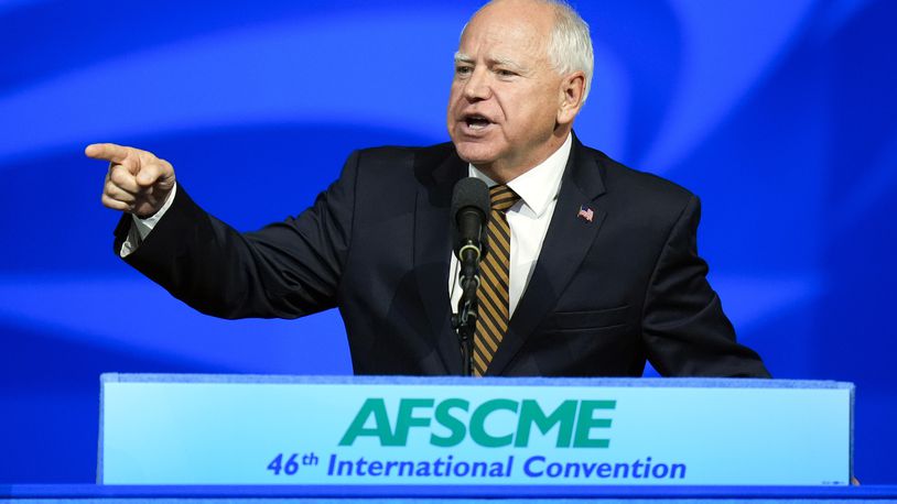 Democratic vice presidential nominee Minnesota Gov. Tim Walz speaks at the American Federation of State, County and Municipal Employees (AFSCME) Convention in Los Angeles, Tuesday, Aug. 13, 2024. (AP Photo/Jae C. Hong)