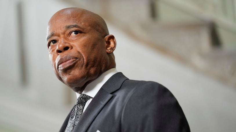 FILE - New York City Mayor Eric Adams speaks to members of the press at a news conference in New York, Monday, Sept. 16, 2024. (AP Photo/Seth Wenig, File)