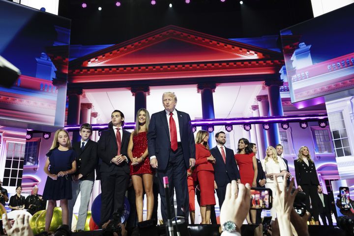 
                        Former President Donald Trump, the Republican presidential nominee, blows a kiss as he stands with family after speaking on the fourth and final night of the Republican National Convention at the Fiserv Forum in Milwaukee, on Thursday, July 18, 2024. (Haiyun Jiang/The New York Times)
                      