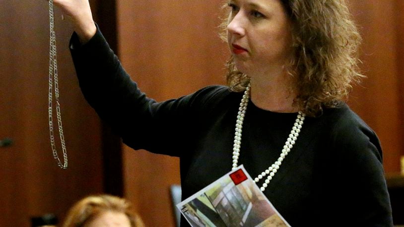 FILE - Brunswick Judicial Circuit District Attorney Jackie Johnson presents her closing arguments during the trial of De'Marquise Elkins and Karimah Elkins at Cobb Superior Court in Marietta, Ga., Aug. 2013. (AP Photo/Atlanta Journal-Constitution, Phil Skinner, File)