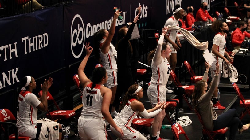 Dayton players on the bench react to a basket during a game against Duquesne on Sunday, Jan. 3, 2020, at UD Arena. David Jablonski/Staff