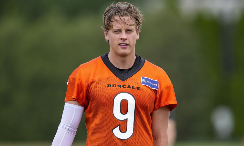 Cincinnati Bengals quarterback Joe Burrow walks off of the field following a NFL football practice, Tuesday, May 28, 2024, in Cincinnati. (AP Photo/Jeff Dean)