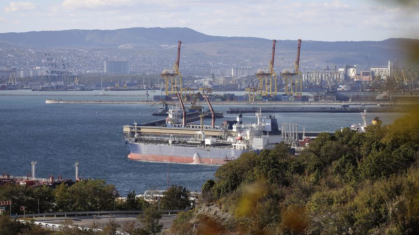 FILE - An oil tanker is moored at the Sheskharis complex, part of Chernomortransneft JSC, a subsidiary of Transneft PJSC, in Novorossiysk, Russia, on Oct. 11, 2022, one of the largest facilities for oil and petroleum products in southern Russia. The European Union on Monday slapped new sanctions on Russia over its war on Ukraine, targeting Moscow’s shadow fleet of tankers moving liquefied natural gas through Europe as well as several companies. (AP Photo, File)