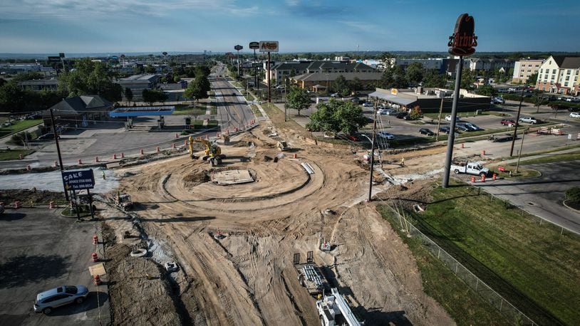 A roundabout is being constructed at the intersection of Miller Lane and Maxton Road in Butler Twp. Work is estimated to wrap up in October. JIM NOELKER/STAFF