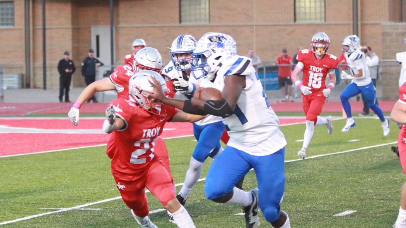 Troy Trojans play host to Xenia Buccaneers Friday, Oct. 4, 2024 at Troy Memorial Stadium in Troy. Marcus Hartman/STAFF