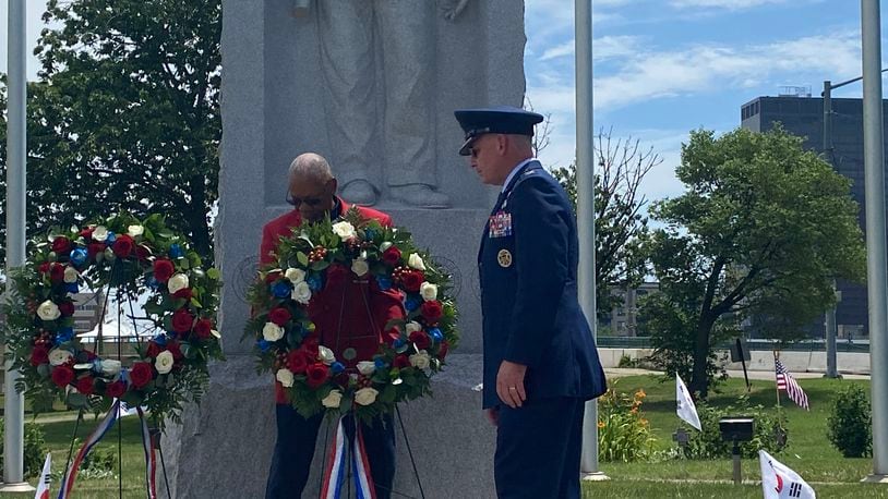 Dayton Mayor Jeffrey Mims Jr. and Col. Christopher Meeker, commander of the 88th Air Base Wing, Wright-Patterson Air Force Base, place a wreath at the Korean War Veterans Memorial Ceremony
Sunday, June 25, 2023, at the Korean War Veterans Memorial in Dayton. Sunday marked 73 years since the start of the conflict. ERIC SCHWARTZBERG/STAFF