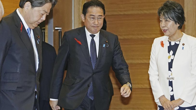 Japan’s Prime Minister Fumio Kishida, center, attends a Cabinet meeting at his office in Tokyo before his resignation Tuesday, Oct. 1, 2024. (Kyodo News via AP)