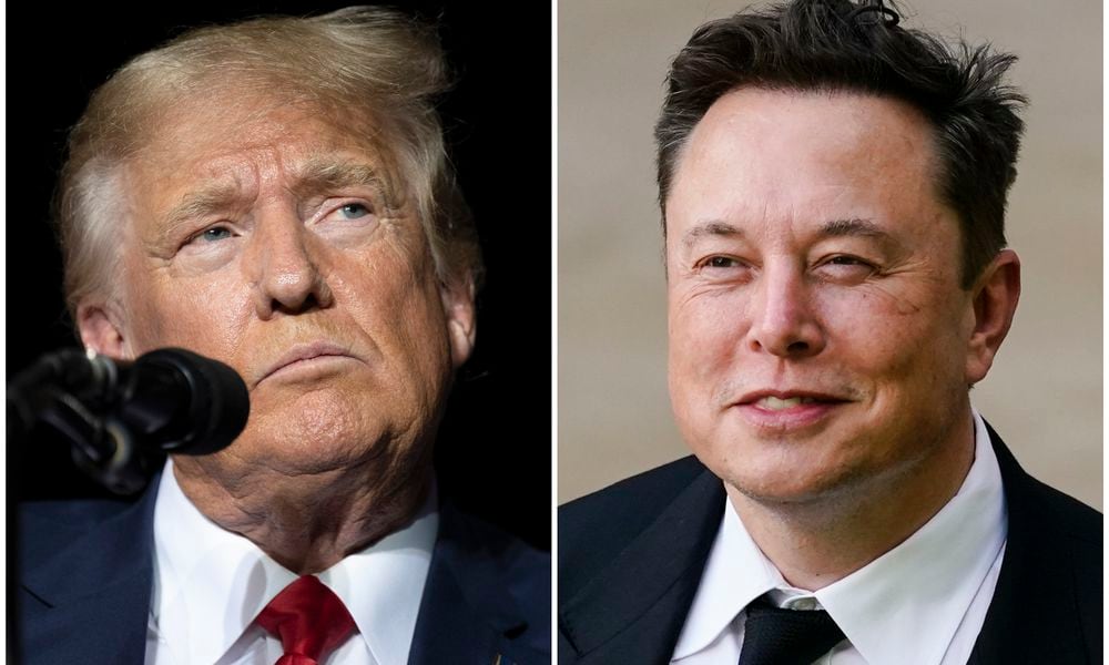 This combination of photos shows former President Donald Trump during rally in Minden, Nev., Oct. 8, 2022, left, and Elon Musk in Wilmington, Del., July 12, 2021. (AP Photo)