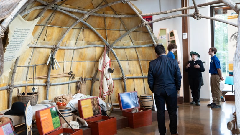 A display at Great Council State Park in Xenia shows the region’s history, told from a Shawnee perspective. (Courtesy: Ruthie Herman, WYSO)