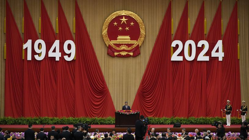 Chinese President Xi Jinping delivers his speech at a dinner marking the 75th anniversary of the founding of the People's Republic of China, at the Great Hall of the People in Beijing, Monday, Sept. 30, 2024. (AP Photo/Andy Wong)