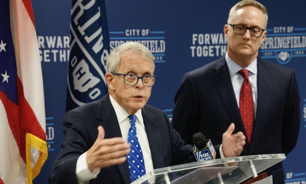 Ohio Gov. Mike DeWine speaks at a press conference announcing health resources for Springfield Thursday, Sept. 19, 2024. BILL LACKEY/STAFF