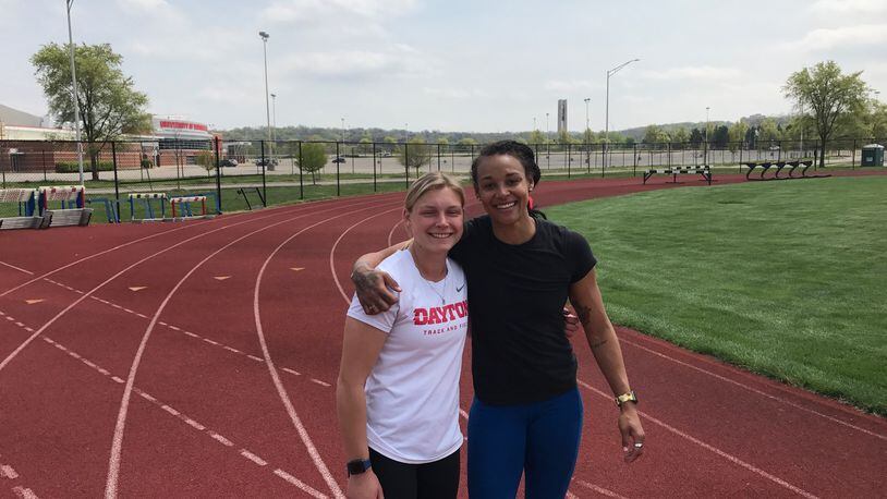 Former Olympian Chantae McMillan (on right), who has switched events from the heptathlon to the javelin throw in an effort to make the U.S. Olympic team headed to the Tokyo Games this summer, with her training partner, University Dayton sophomore standout Casey Bogues, who has now broken the UD record in the javelin throw for the past three meets in a row this season.  (Photo by Tom Archdeacon)