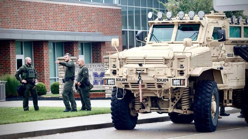 Middletown police SWAT vehicle parked outside Middletown high school Monday, July 22, 2024. MARSHALL GORBY \STAFF