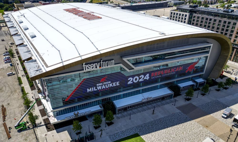 The Fiserv Forum stands, June 27, 2024, in Milwaukee. The Wisconsin city is scheduled to host the 2024 Republican National Convention. A federal judge ruled Monday, July 9, 2024 that protesters can't march through a security zone at the Republican National Convention, handing a defeat to liberals who had pushed to have closer access to where delegates will be gathering. (AP Photo/Morry Gash, file)