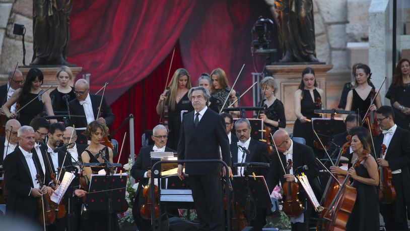Italian Conductor Riccardo Muti acknowledges applause at a gala concert at the Verona Arena to celebrate the recognition by UNESCO of the Italian art of opera singing, in Verona, Italy, Friday, June 7, 2024. (Paola Garbuio/LaPresse via AP)