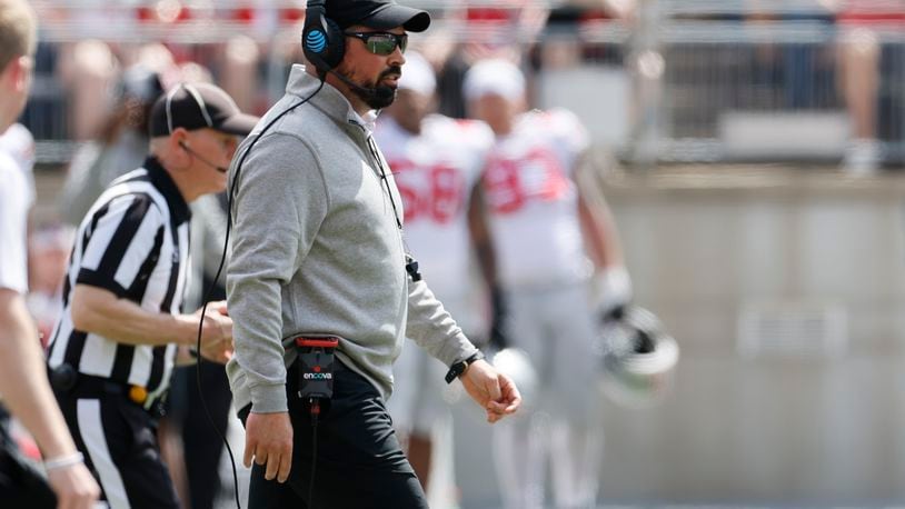 Ohio State head coach Ryan Day watches his team during their spring NCAA college football game Saturday, April 15, 2023, in Columbus, Ohio. (AP Photo/Jay LaPrete)
