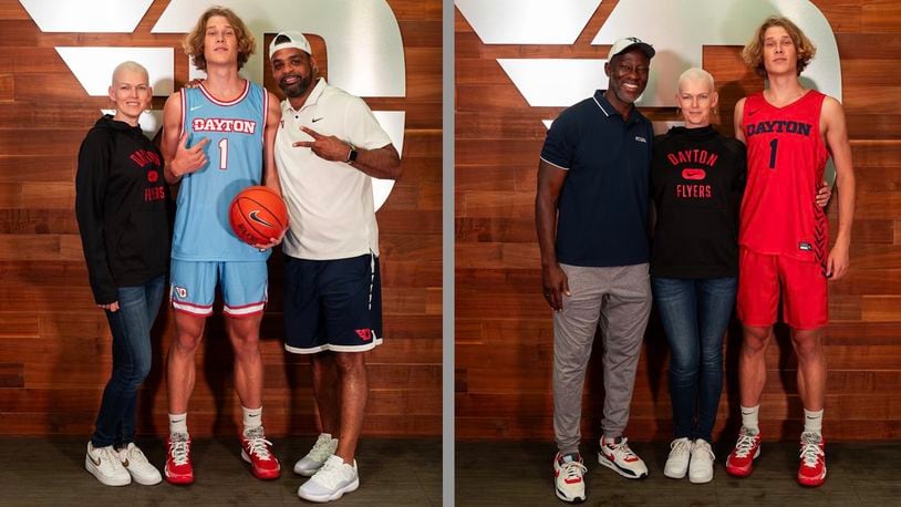 Petras Padegimas and his mom Natalja pose for photos with Dayton coaches Ricardo Greer and Anthony Grant at UD Arena in June 2023. Contributed photo