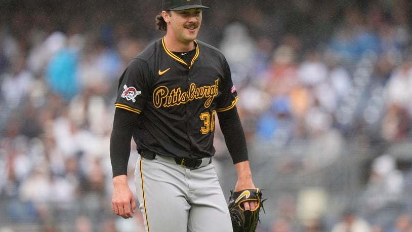 Pittsburgh Pirates' Paul Skenes smiles after the second inning of a baseball game against the New York Yankees, Saturday, Sept. 28, 2024, in New York. (AP Photo/Frank Franklin II)