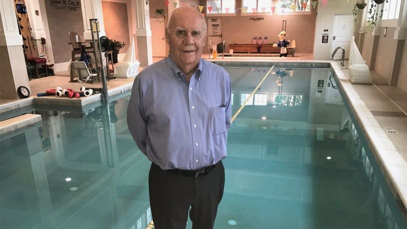 Bob Arledge, now 90, at the indoor pool at the Otterbein Lebanon Senior Life Community a few days ago. He swims several days a week, has pole vaulting practice at Lebanon High and other places a few times a week and lifts weights and/or does fitness training most days at the Otterbein Fitness Center. This Wednesday at the 2023 National Senior Games in Pittsburgh – where he is competing in the pole vault and swimming – he’ll receive the Humana Game Changer award, a national recognition of an athlete who exemplifies healthy aging, and provides encouragement, motivation, and inspiration for all seniors to live healthy lifestyles. Tom Archdeacon/CONTRIBUTED