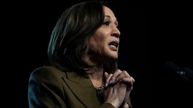 Democratic presidential nominee Vice President Kamala Harris speaks about Hurricane Helene at a rally on Sunday, Sept. 29, 2024, in Las Vegas. (AP Photo/Carolyn Kaster)