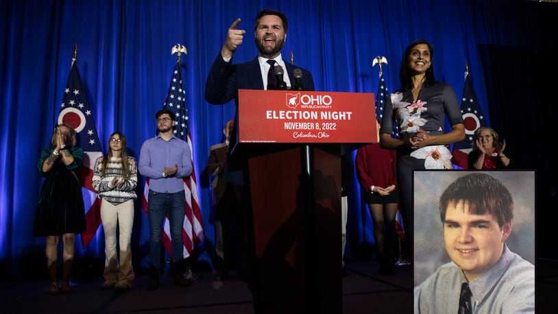 JD Vance is seen in November 2022 after winning the senate seat, and at the right in his Middletown High School yearbook photo. (Main photo: Maddie McGarvey/The New York Times)