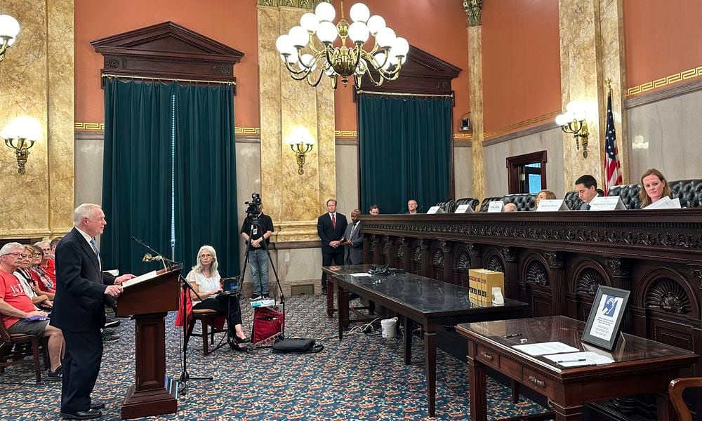 Citizens Not Politicians attorney Don McTigue addresses members of the Ohio Ballot Board at the Ohio Statehouse in Columbus, Ohio, on Friday, Aug. 16, 2024. (AP Photo/Julie Carr Smyth)