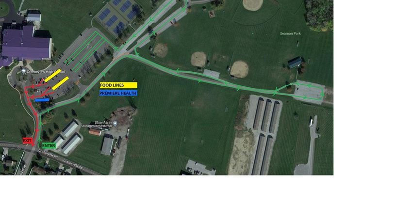 A map of Greenview High School located at
4710 Cottonville Rdad in Jamestown where the Dayton Foodbank, Inc.'s bonus food distribution will take place.