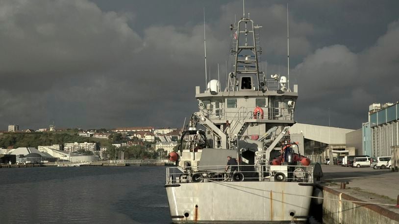 A view of one of the vessels from the French Gendarmerie Nationale in the port of Boulogne-Sur-Mer, France, Tuesday, Sept. 3, 2024, after participating in the rescue operation after a boat carrying migrants ripped apart attempting to cross the English Channel. (AP Photo/Nicolas Garriga)