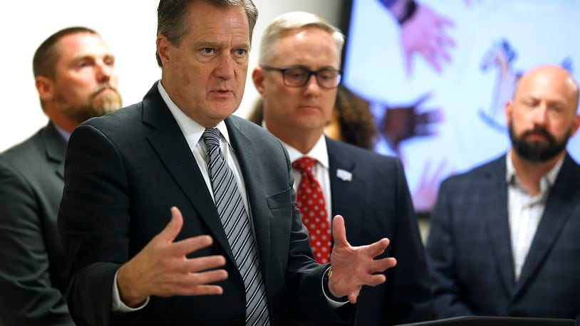 Congressman Mike Turner talks about the City of Springfield's struggles with the large numbers of Haitian immigrants Wednesday, August 7, 2024 following a meeting with city leaders and the executive staff at the Rocking Horse Center. BILL LACKEY/STAFF