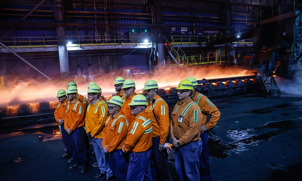 Ohio Lt. Governor Jon Husted poses with Cleveland Cliffs Metal Works workers in the Hot Strip Mill Thursday September 26, 2024. Husted was touring the plant to promote training and Ohio manufacturing. JIM NOELKER/STAFF