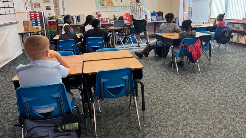 Mannika Hopkins talks with her fourth graders on the first day of school at Greenville Elementary in Greenville, Fla. on Aug. 14, 2024. (AP Photo/Kate Payne)