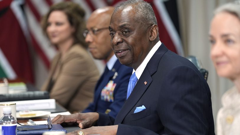 Defense Secretary Lloyd Austin smiles after members of the media are asked to leave following a meeting with Kenya's President William Ruto at the Pentagon in Washington, Friday, May 24, 2024. (AP Photo/Susan Walsh)