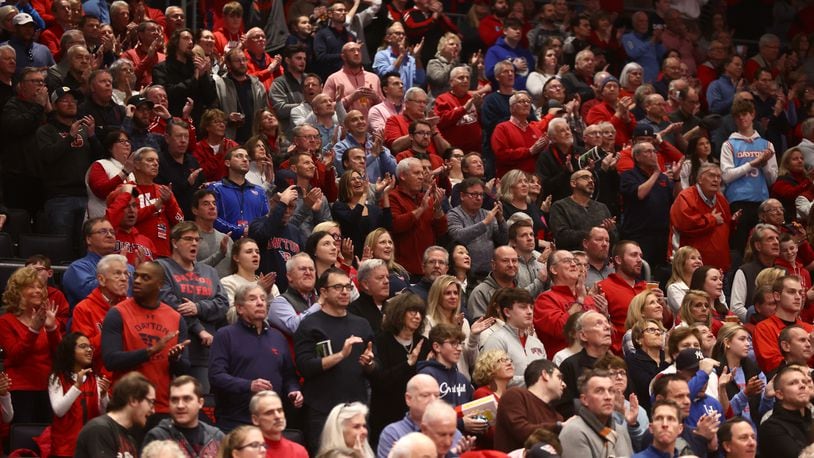 Dayton fans stand for the national anthem before a game against Richmond on Saturday, Jan. 28, 2023, at UD Arena. David Jablonski/Staff