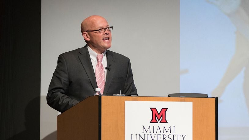 FILE: Miami University’s 22nd President - Gregory Crawford - delivered the annual address on the school’s main Oxford campus. Crawford told an audience in the Armstrong Student Center despite the school’s national acclaim, the future can not depend on the status quo in the school’s many heralded academic programs. Crawford is pictured here at a previous speech on campus.