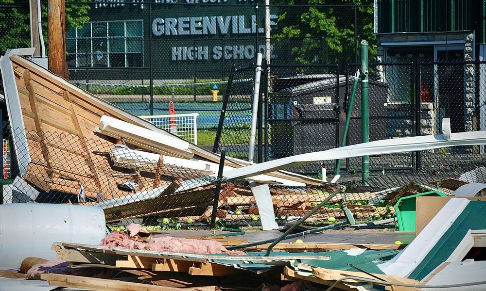 Storm damage at Harmon Field at Greenville High School after Tuesday night storms on May 7, 2024 hit the area.MARSHALL GORBY \STAFF