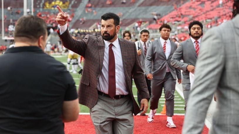 Ohio State coach Ryan Day waves to fans after arriving at Ohio Stadium on Saturday, Sept. 3, 2022, in Columbus. David Jablonski/Staff