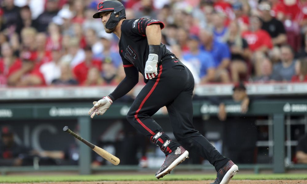 Cincinnati Reds' Tyler Stephenson watches his two-run double against the Chicago Cubs during the fourth inning of a baseball game in Cincinnati, Friday, June 7, 2024. (AP Photo/Paul Vernon)