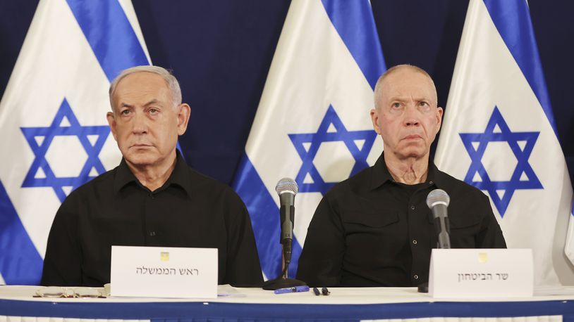 FILE -Israeli Prime Minister Benjamin Netanyahu, left and Defense Minister Yoav Gallant attend a press conference in the Kirya military base in Tel Aviv, Israel, Oct. 28, 2023. (Abir Sultan/Pool Photo via AP, File)