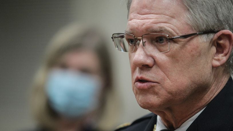 Dayton Police Chief Richard Biehl talks to the media Friday about the planned protest at the Dayton Federal Court Building on Second Street Saturday. JIM NOELKER/STAFF